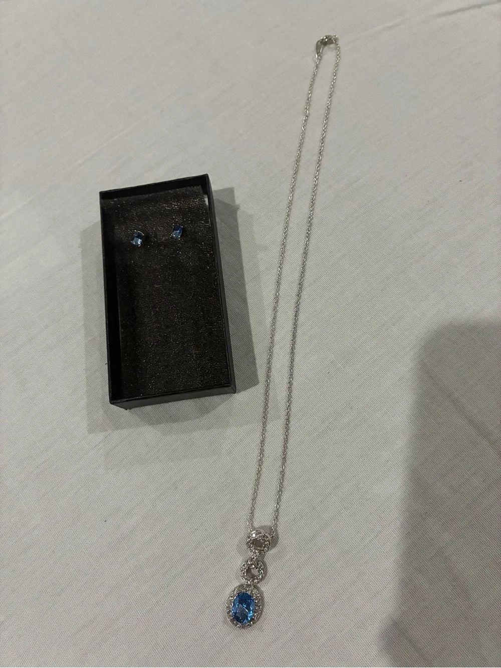 Silver Necklace and Earrings Set with Blue Crystal Pendant